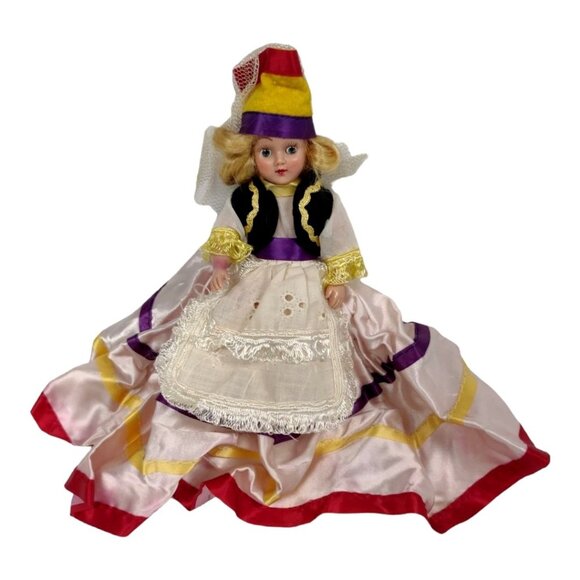Vintage Plastic Doll In Traditional Greek Dress With Lace & Satin Detailing - Picture 1 of 3